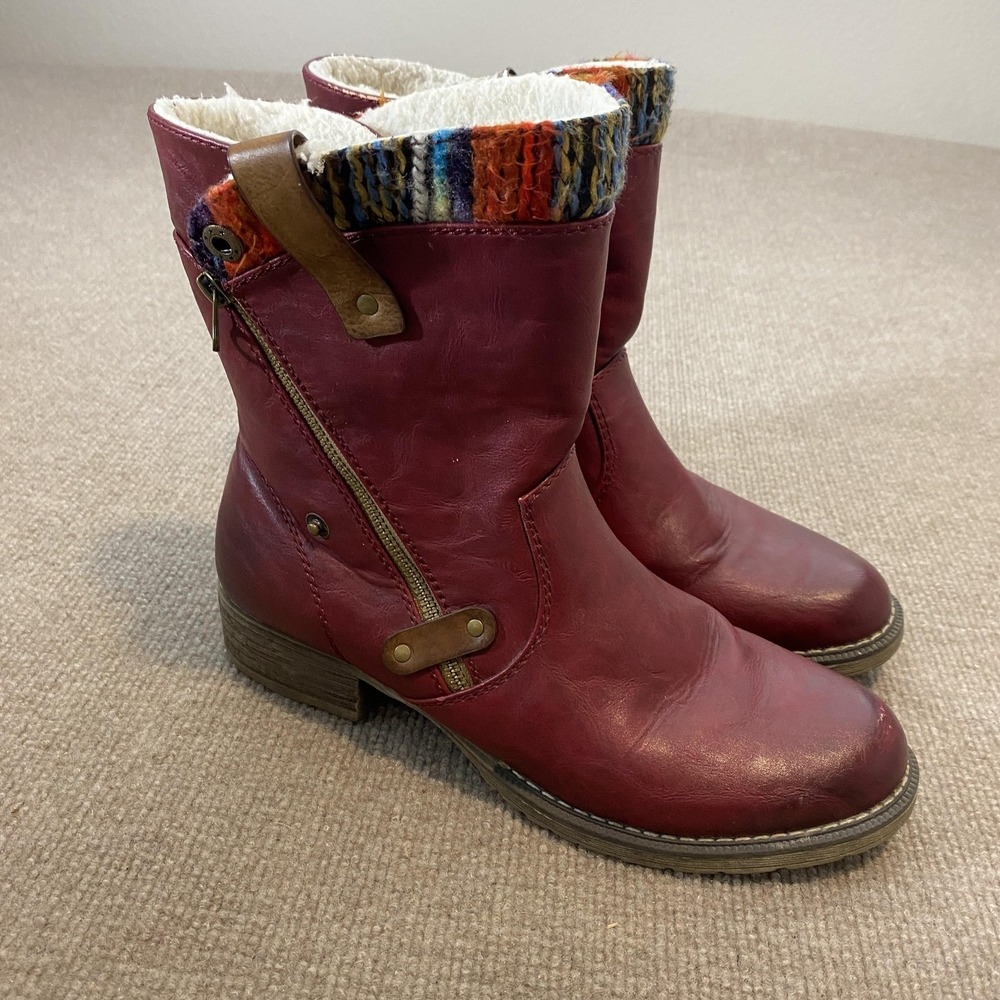 Rieker Boots Womens Size 10 (41) Red Synthetic Knit Cuff Ankle Zip Block‎ Heel
